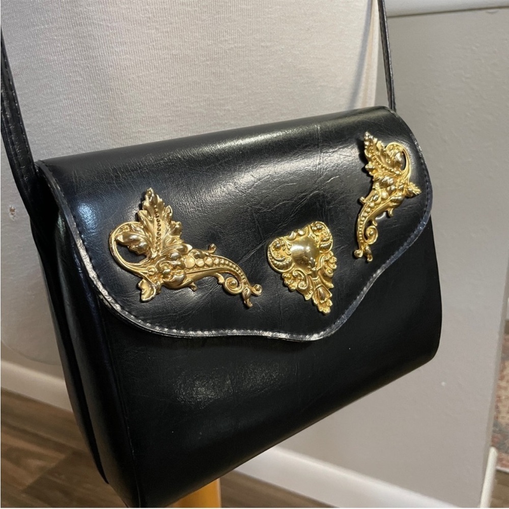 Vintage Black Leather Shoulder Bag Gold Baroque Hardware Statement Purse